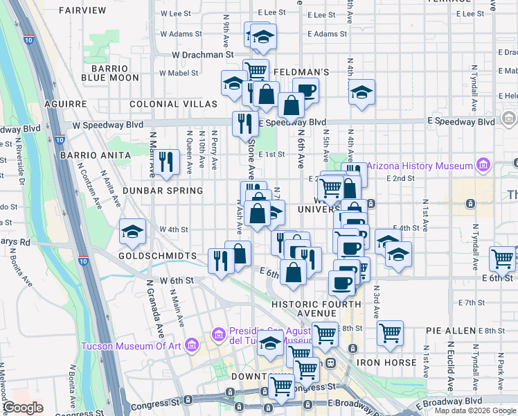 map of restaurants, bars, coffee shops, grocery stores, and more near 7 East University Boulevard in Tucson