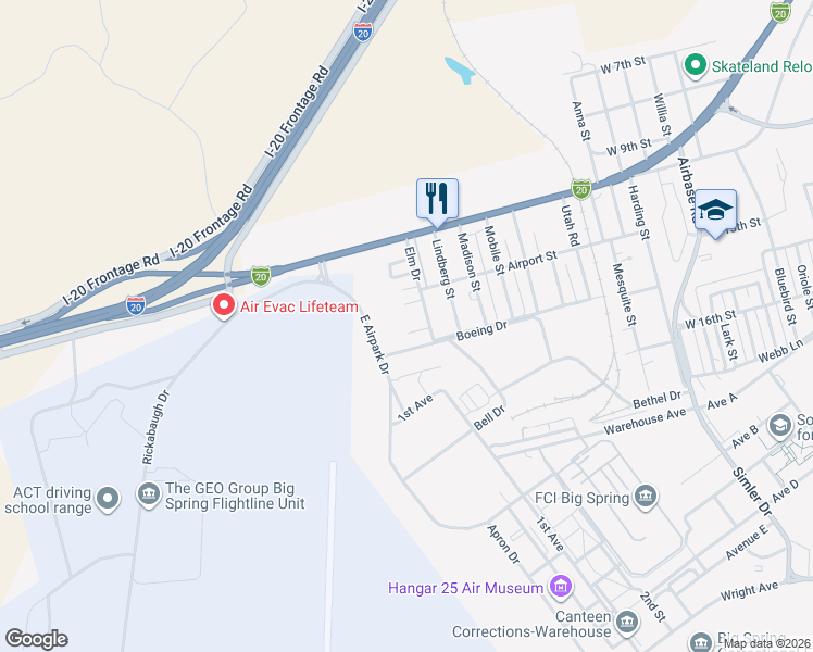 map of restaurants, bars, coffee shops, grocery stores, and more near 4212 Birch Street in Big Spring