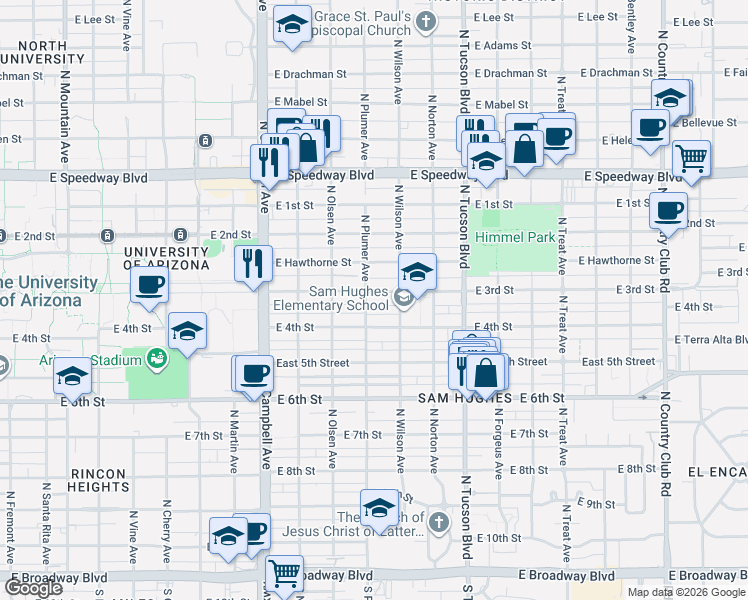 map of restaurants, bars, coffee shops, grocery stores, and more near 2239 East 3rd Street in Tucson