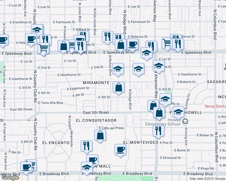 map of restaurants, bars, coffee shops, grocery stores, and more near 806 North Richey Boulevard in Tucson