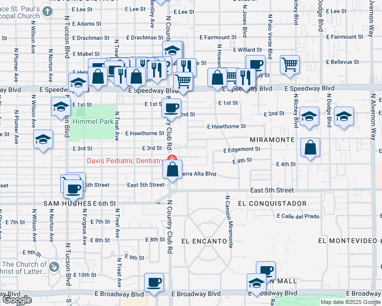 map of restaurants, bars, coffee shops, grocery stores, and more near 3202 East 3rd Street in Tucson