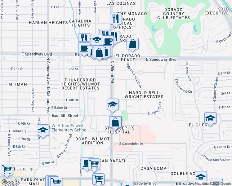 map of restaurants, bars, coffee shops, grocery stores, and more near 850 North Wilmot Road in Tucson