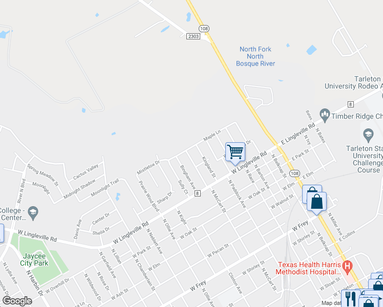 map of restaurants, bars, coffee shops, grocery stores, and more near 1885 North McCart Street in Stephenville