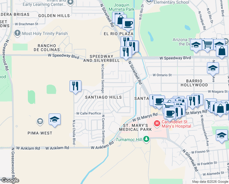 map of restaurants, bars, coffee shops, grocery stores, and more near 741 North Avenida Alegre in Tucson