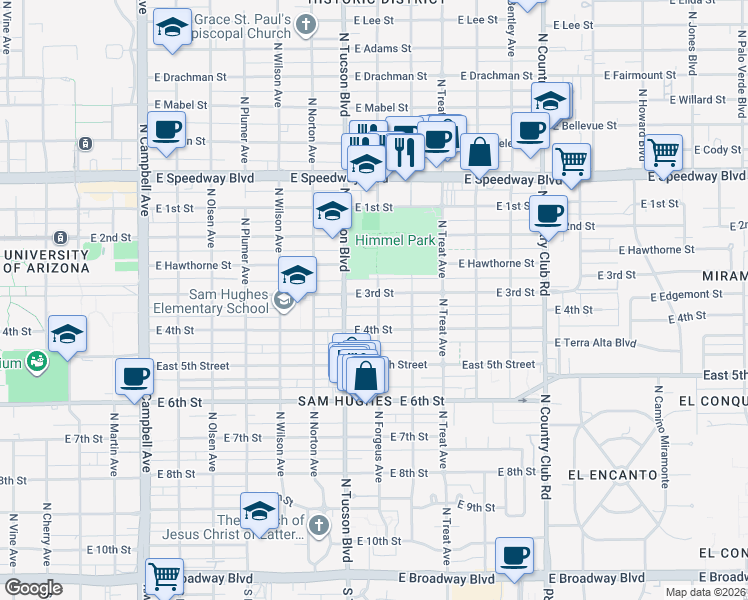 map of restaurants, bars, coffee shops, grocery stores, and more near 2549 East 3rd Street in Tucson