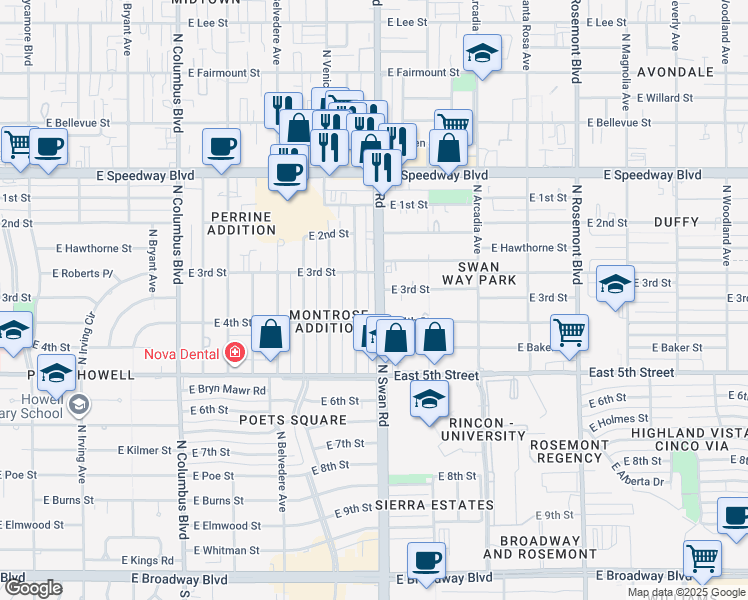 map of restaurants, bars, coffee shops, grocery stores, and more near 742 North Benton Avenue in Tucson