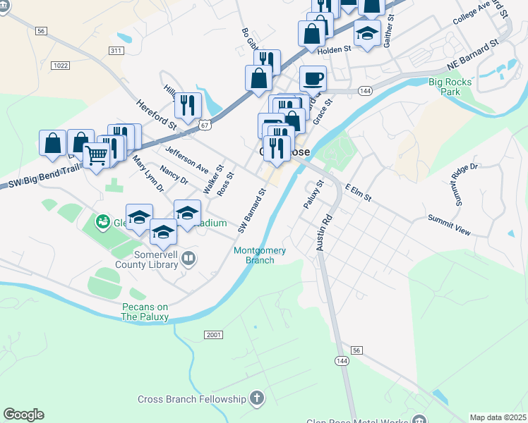 map of restaurants, bars, coffee shops, grocery stores, and more near 307 Southwest Barnard Street in Glen Rose