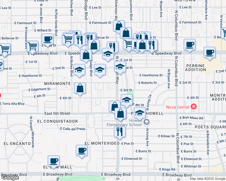 map of restaurants, bars, coffee shops, grocery stores, and more near 835 North Alvernon Way in Tucson