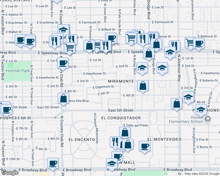 map of restaurants, bars, coffee shops, grocery stores, and more near 3473 East Edgemont Street in Tucson