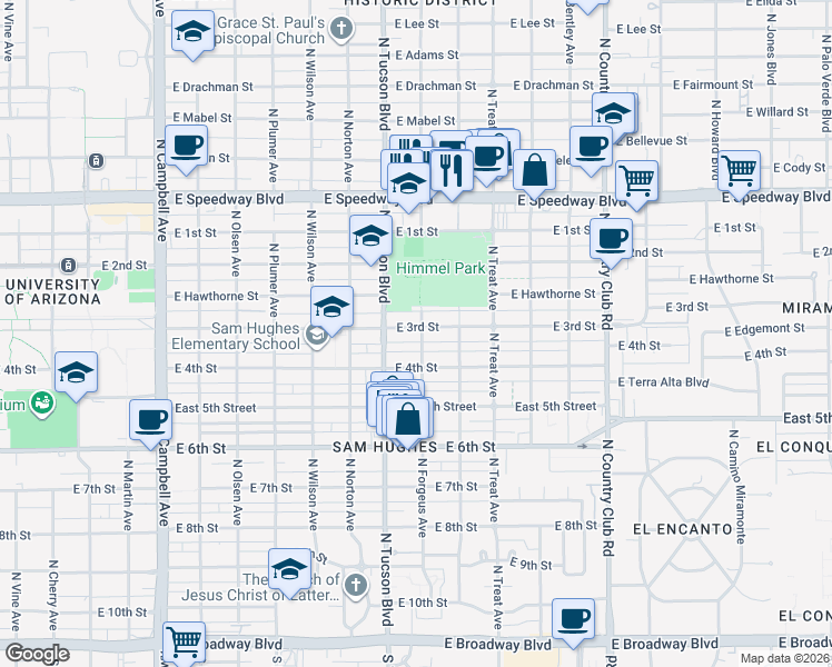 map of restaurants, bars, coffee shops, grocery stores, and more near 2549 East 3rd Street in Tucson