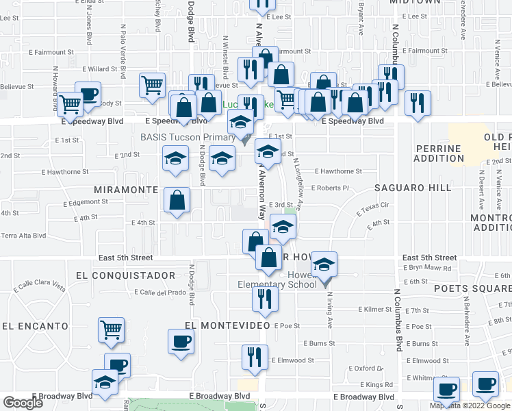map of restaurants, bars, coffee shops, grocery stores, and more near 737 North Alvernon Way in Tucson