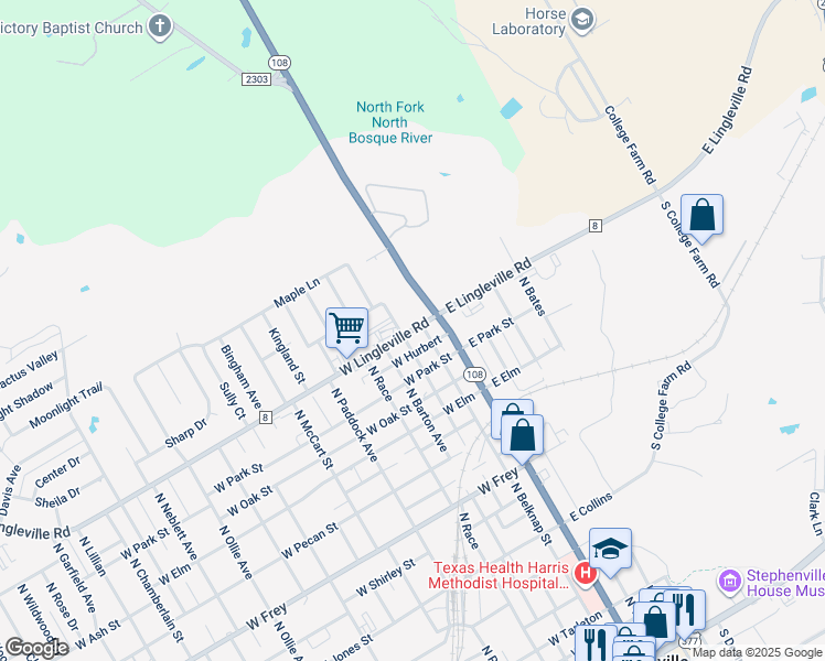map of restaurants, bars, coffee shops, grocery stores, and more near 205 Farm to Market 8 in Stephenville