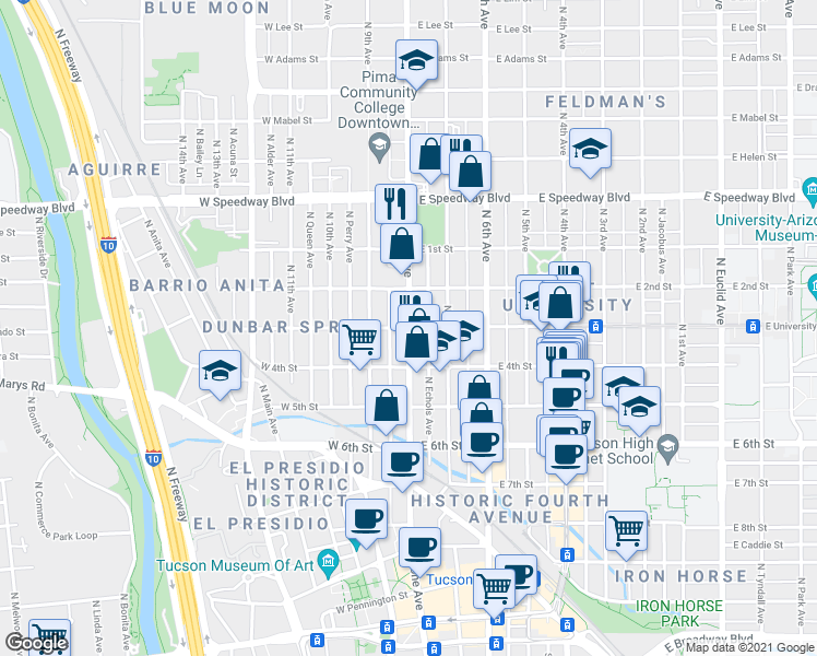 map of restaurants, bars, coffee shops, grocery stores, and more near N Stone Ave & E University Blvd in Tucson