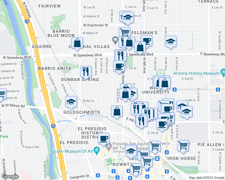 map of restaurants, bars, coffee shops, grocery stores, and more near N 9th Ave & W University Blvd in Tucson