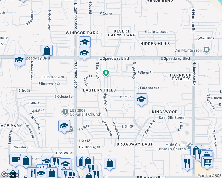 map of restaurants, bars, coffee shops, grocery stores, and more near 8911 East Rosewood Street in Tucson