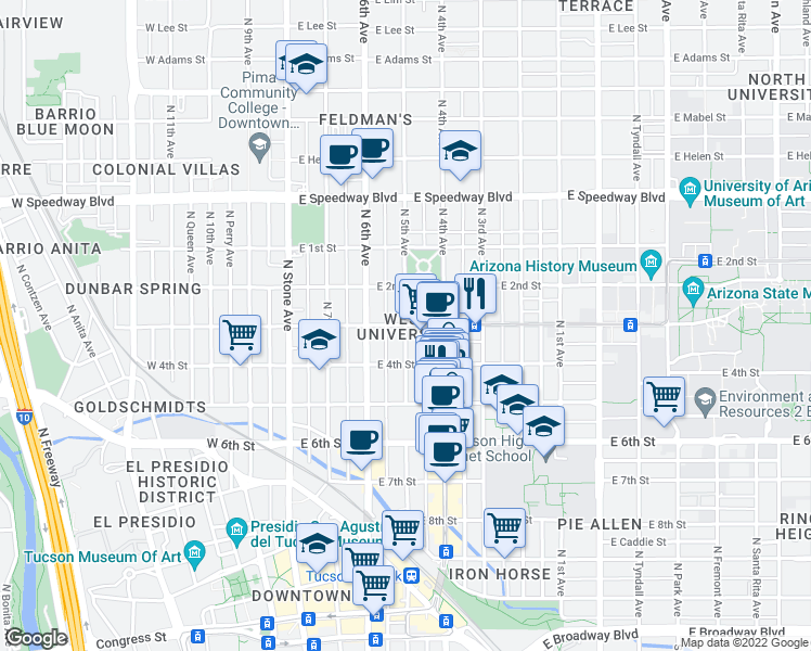 map of restaurants, bars, coffee shops, grocery stores, and more near East University Boulevard & North 5th Avenue in Tucson