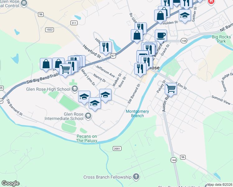 map of restaurants, bars, coffee shops, grocery stores, and more near 306 Mission Street in Glen Rose