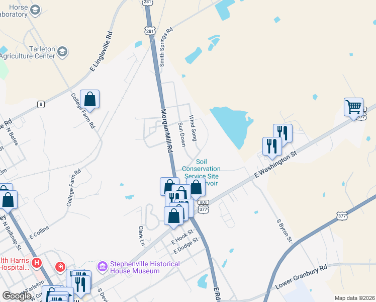 map of restaurants, bars, coffee shops, grocery stores, and more near 825 Sundance Road in Stephenville