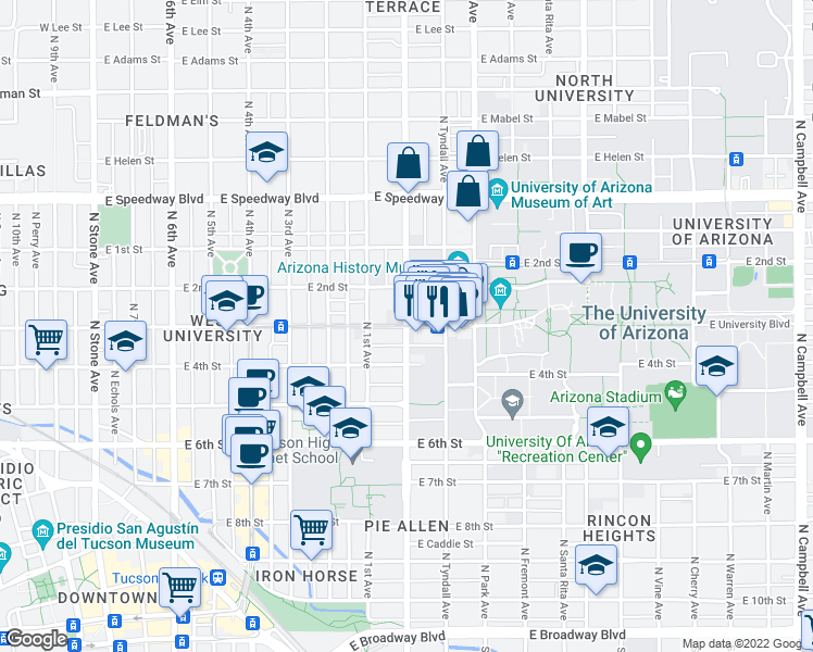 map of restaurants, bars, coffee shops, grocery stores, and more near N Euclid Ave & E University Blvd in Tucson