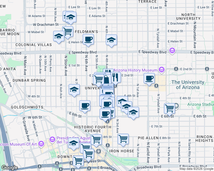 map of restaurants, bars, coffee shops, grocery stores, and more near East University Boulevard & North 4th Avenue in Tucson
