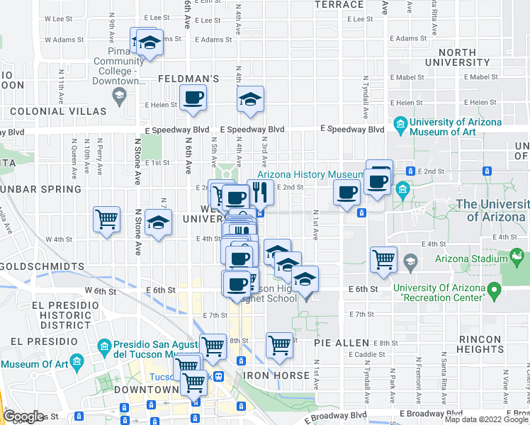 map of restaurants, bars, coffee shops, grocery stores, and more near E University Blvd & N 3rd Ave in Tucson