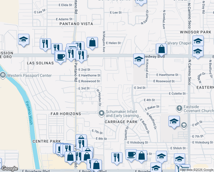map of restaurants, bars, coffee shops, grocery stores, and more near 8109 East 3rd Street in Tucson