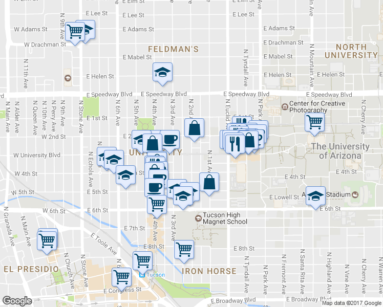 map of restaurants, bars, coffee shops, grocery stores, and more near E University Blvd & N 2nd Ave in Tucson