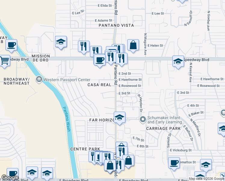 map of restaurants, bars, coffee shops, grocery stores, and more near 7850 East Rosewood Street in Tucson