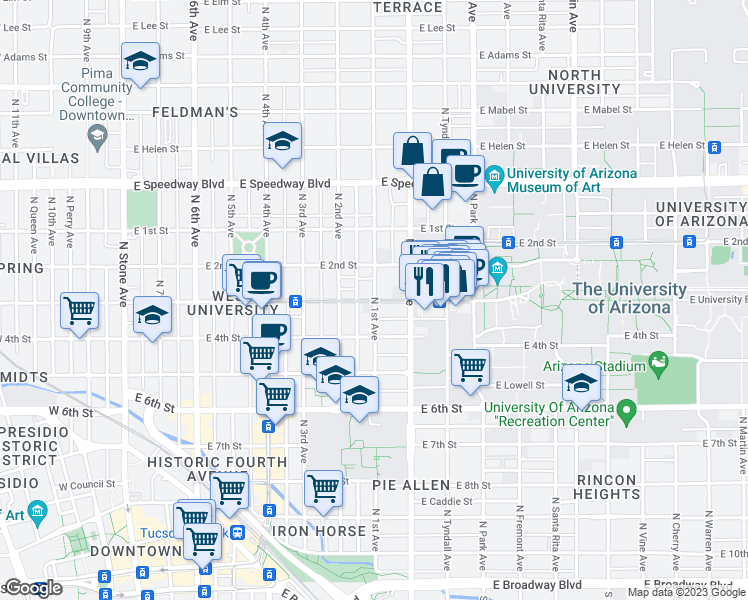 map of restaurants, bars, coffee shops, grocery stores, and more near North 1st Avenue & East University Boulevard in Tucson