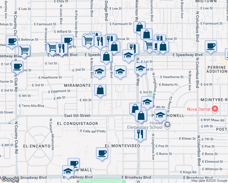 map of restaurants, bars, coffee shops, grocery stores, and more near 814 North Dodge Boulevard in Tucson