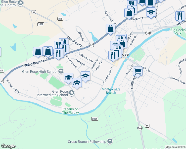 map of restaurants, bars, coffee shops, grocery stores, and more near 306 Mission Street in Glen Rose