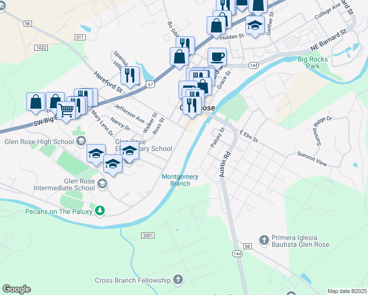 map of restaurants, bars, coffee shops, grocery stores, and more near 307 Southwest Barnard Street in Glen Rose