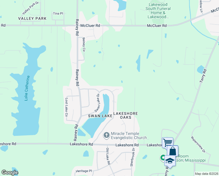 map of restaurants, bars, coffee shops, grocery stores, and more near 254 Swan Lake Drive in Jackson