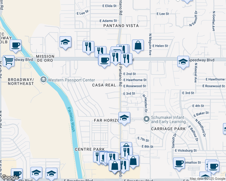map of restaurants, bars, coffee shops, grocery stores, and more near 7850 East Rosewood Street in Tucson