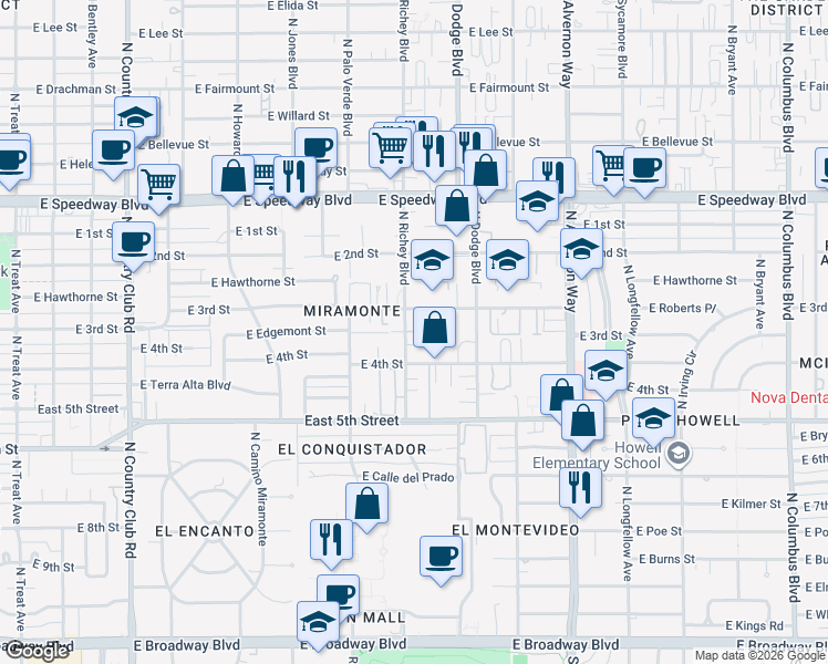 map of restaurants, bars, coffee shops, grocery stores, and more near 806 North Richey Boulevard in Tucson