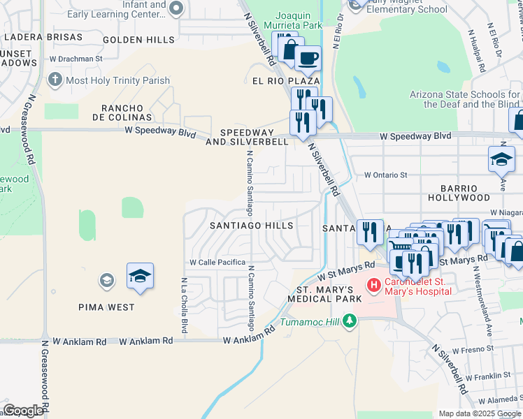 map of restaurants, bars, coffee shops, grocery stores, and more near 750 North Camino Santiago in Tucson