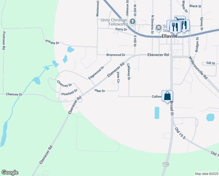 map of restaurants, bars, coffee shops, grocery stores, and more near 248 Pine Circle in Ellaville