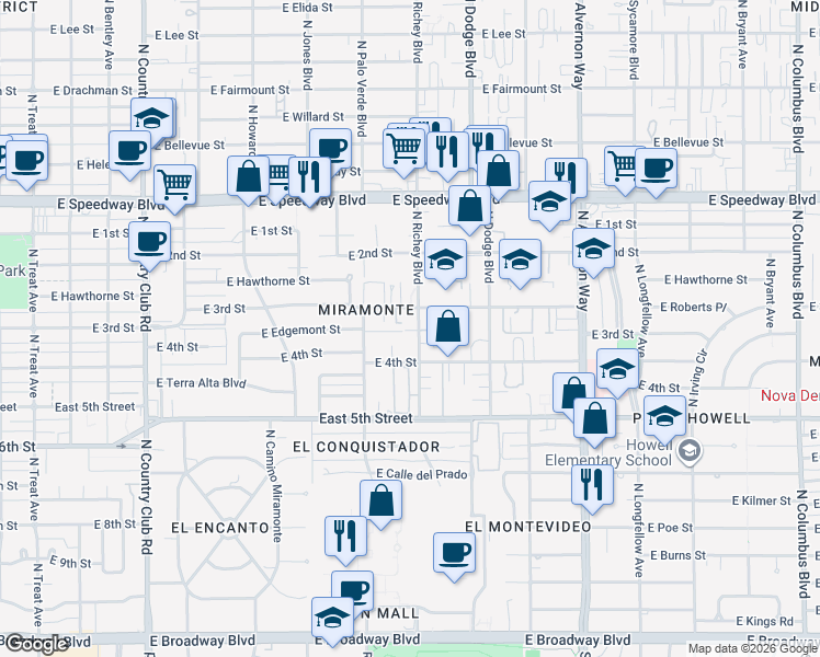 map of restaurants, bars, coffee shops, grocery stores, and more near 806 North Richey Boulevard in Tucson