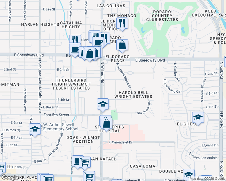 map of restaurants, bars, coffee shops, grocery stores, and more near 841 North Corinth Avenue in Tucson