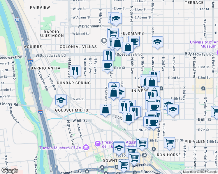 map of restaurants, bars, coffee shops, grocery stores, and more near 2 West University Boulevard in Tucson