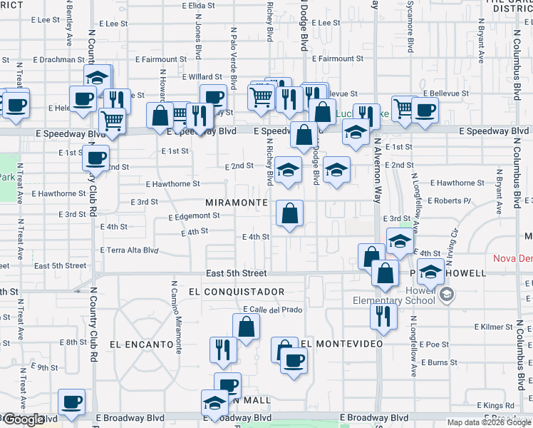 map of restaurants, bars, coffee shops, grocery stores, and more near 745 North Richey Boulevard in Tucson