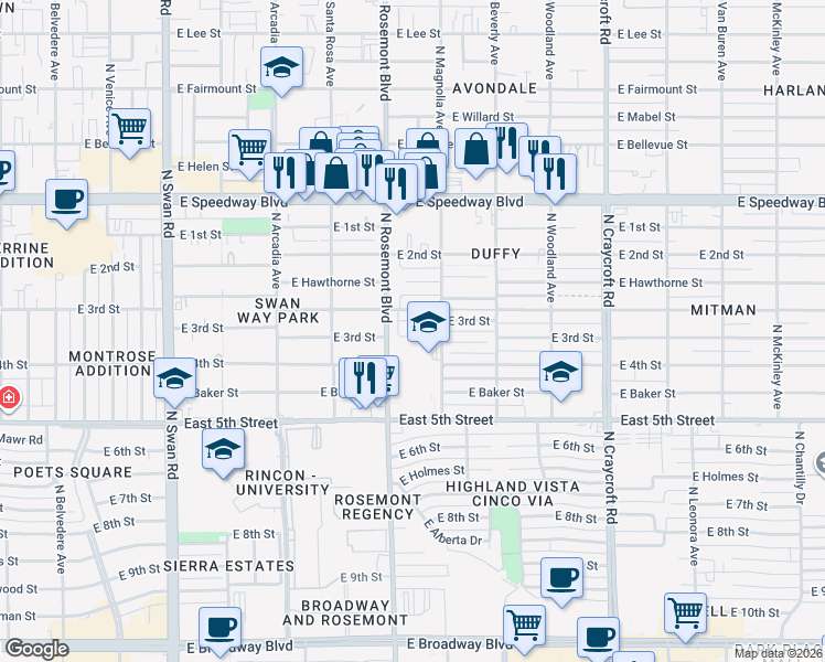 map of restaurants, bars, coffee shops, grocery stores, and more near 802 North Duffy Place in Tucson