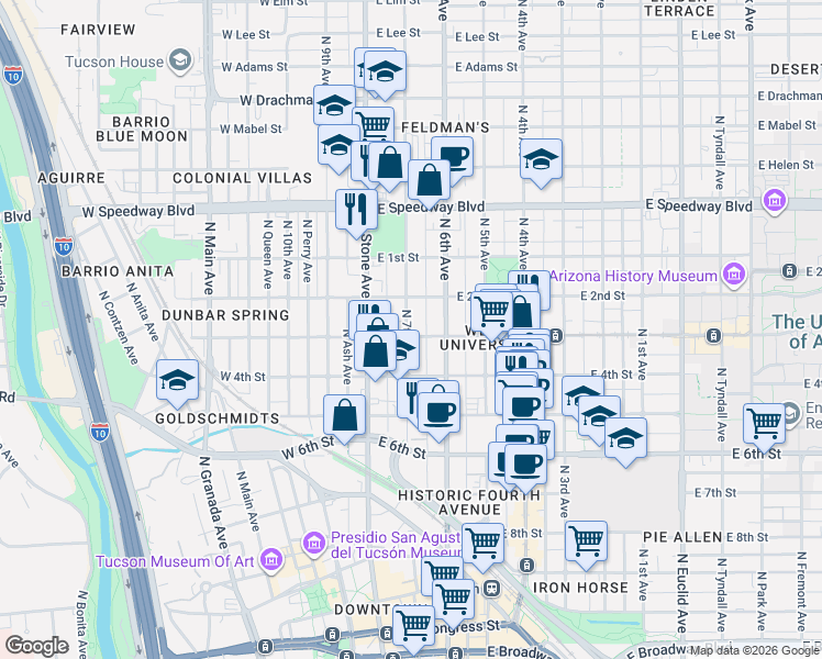 map of restaurants, bars, coffee shops, grocery stores, and more near 101 East University Boulevard in Tucson