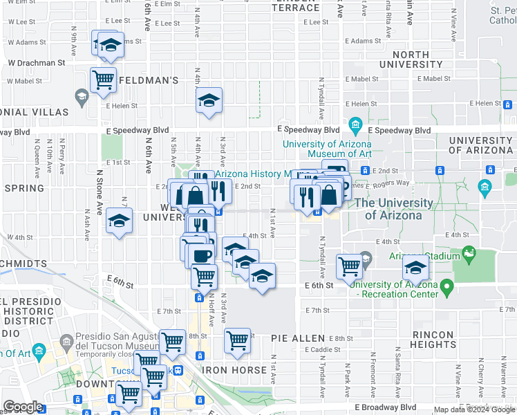 map of restaurants, bars, coffee shops, grocery stores, and more near 630 E Harvill Dr in Tucson