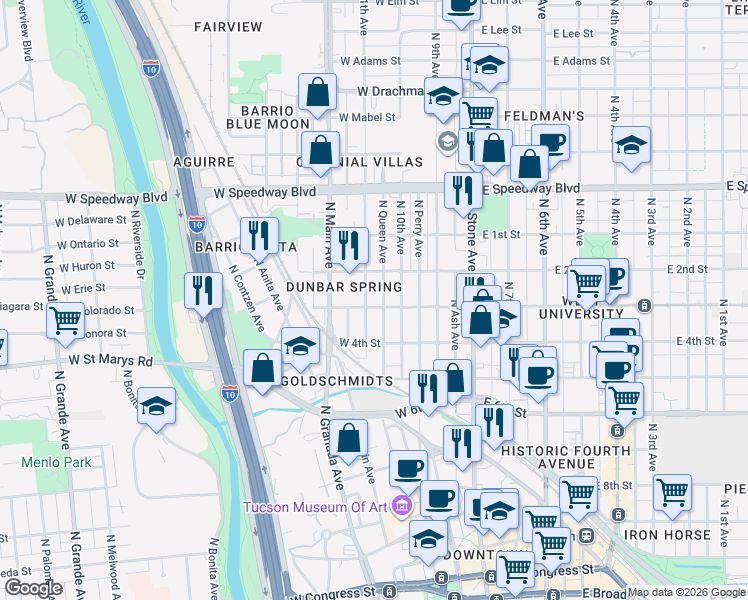 map of restaurants, bars, coffee shops, grocery stores, and more near 236 West University Boulevard in Tucson