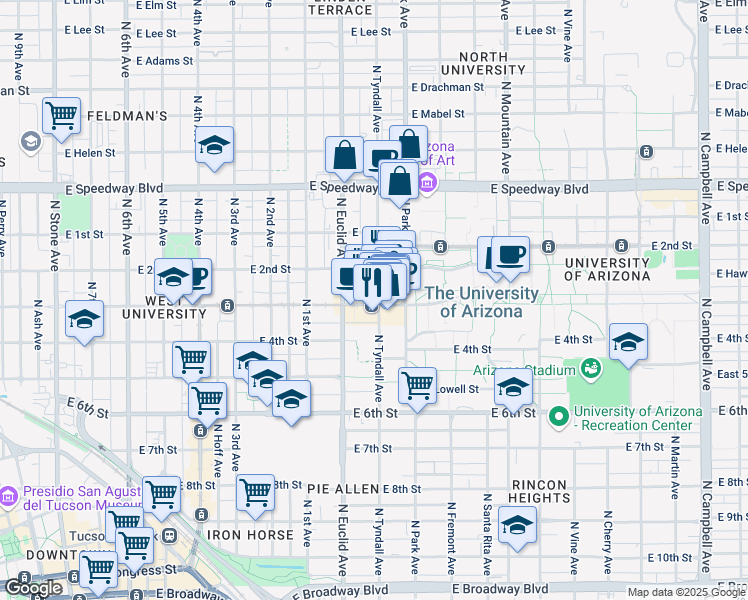 map of restaurants, bars, coffee shops, grocery stores, and more near 865 East University Boulevard in Tucson
