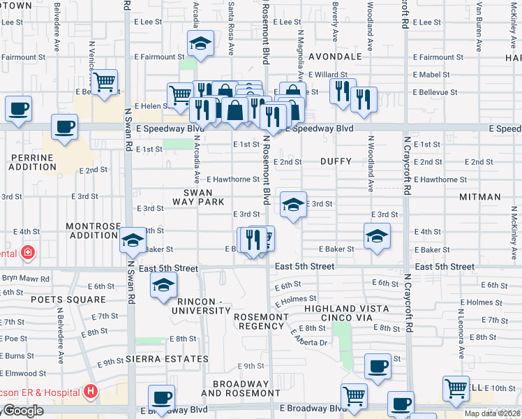 map of restaurants, bars, coffee shops, grocery stores, and more near 5049 East 3rd Street in Tucson