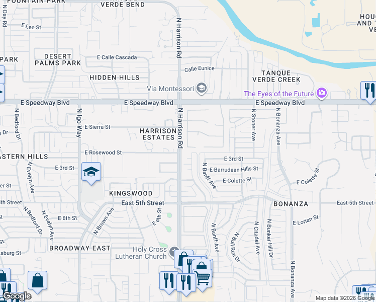 map of restaurants, bars, coffee shops, grocery stores, and more near 9558 East Corte Puente Del Sol in Tucson
