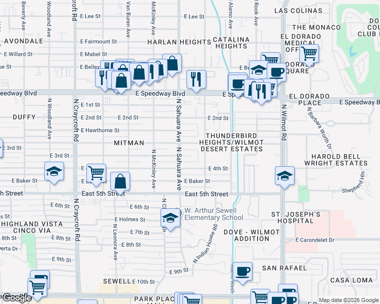 map of restaurants, bars, coffee shops, grocery stores, and more near 5901 East 3rd Street in Tucson