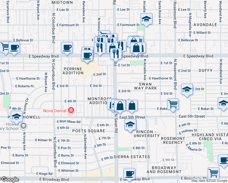 map of restaurants, bars, coffee shops, grocery stores, and more near 4717 East 3rd Street in Tucson